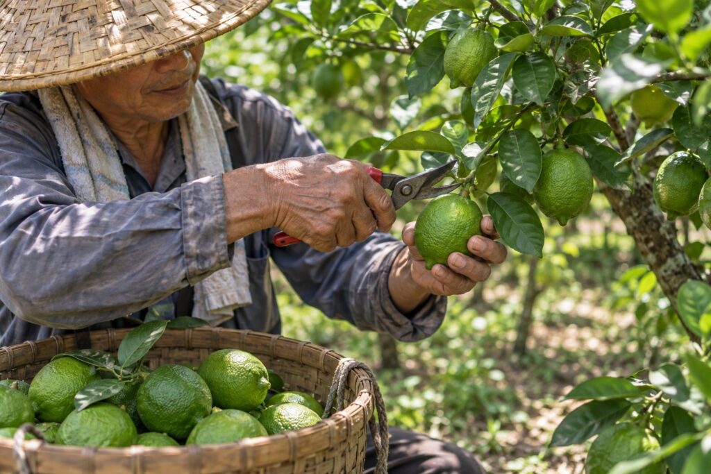 果農在果園裡用剪刀採收綠檸檬