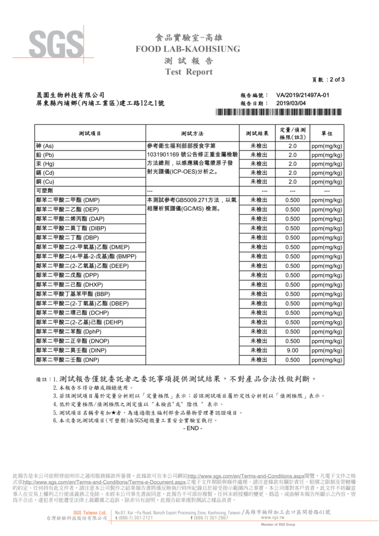 SGS 測試報告 VA/2019/21497A-01 第 2 頁（2019/03/04）重金屬與 19 項塑化劑皆未檢出