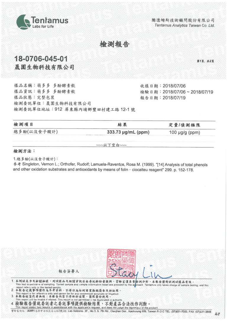 騰德姆斯 Tentamus 檢測報告 18-0706-045-01（2018/07/19）萌多多多酚酵素飲：總多酚 333.73 ppm